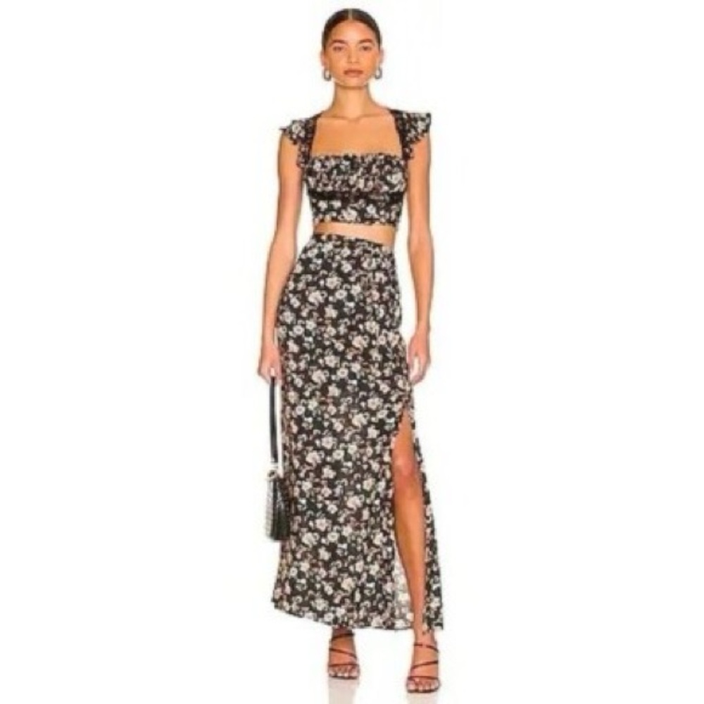 Free People Bijou Floral Midi Skirt Set Size 4‎ Black Pink NWOT